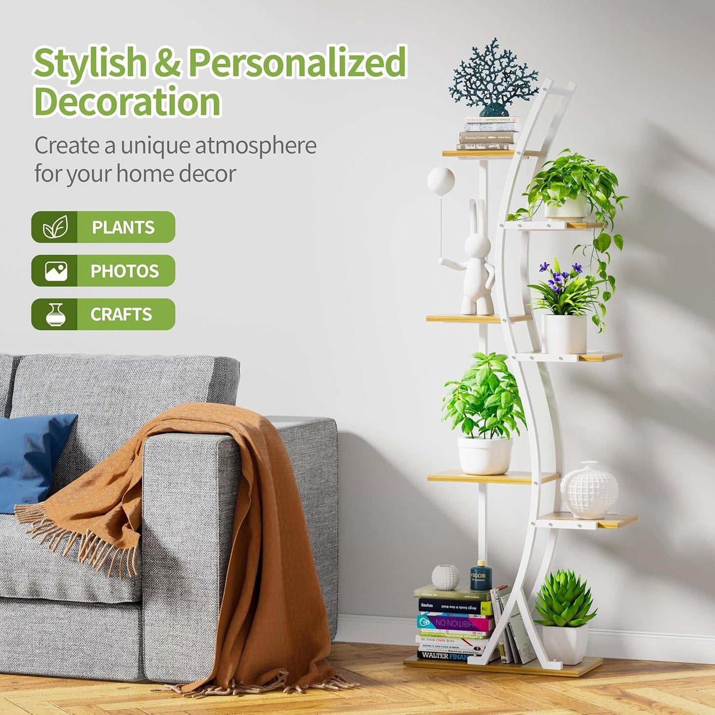 Soporte para plantas de interior de 63 pulgadas de alto con estructura de metal blanco y estantes con acabado de madera