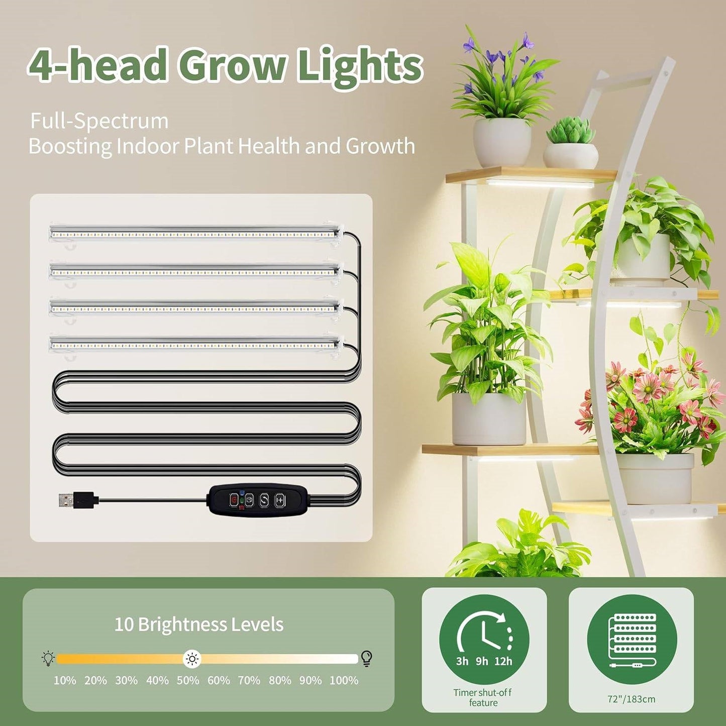 Soporte para plantas de interior de 63 pulgadas de alto con estructura de metal blanco y estantes con acabado de madera
