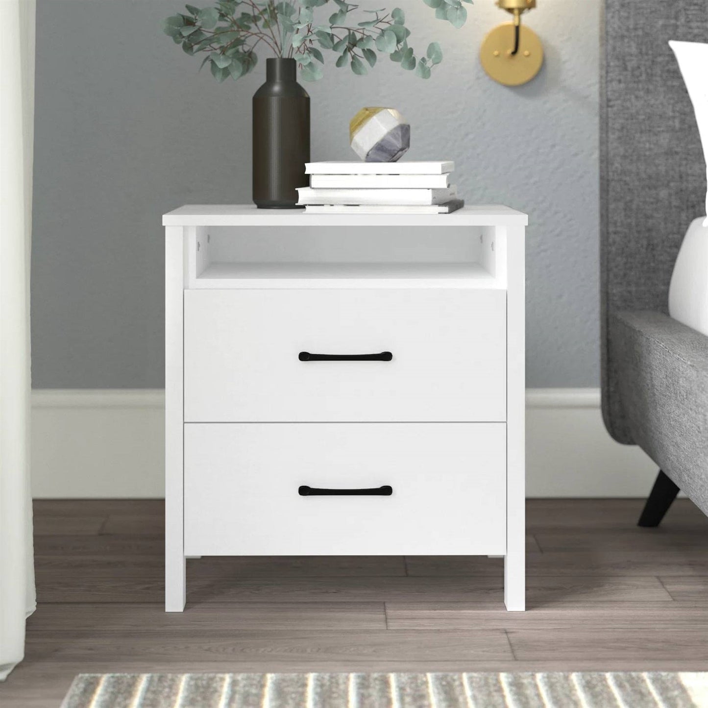 Mesita de noche moderna de 2 cajones con acabado de madera blanca