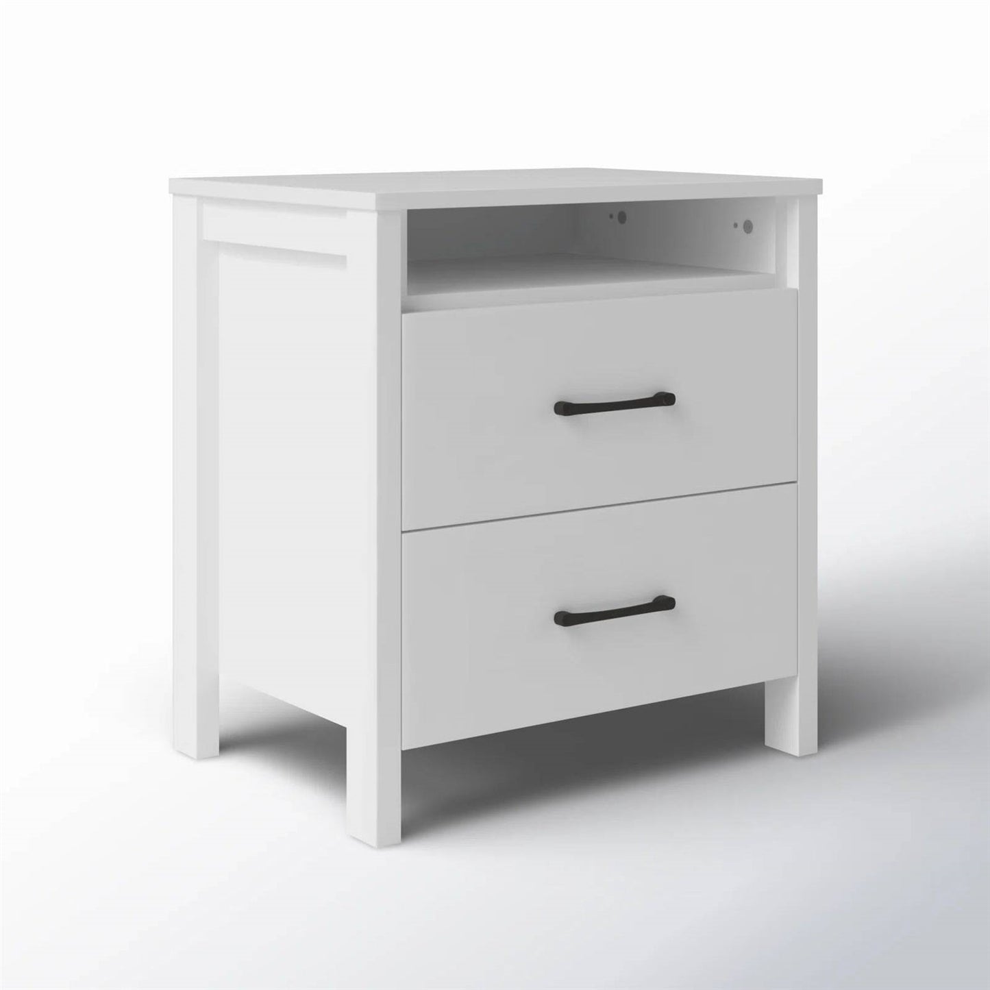Mesita de noche moderna de 2 cajones con acabado de madera blanca