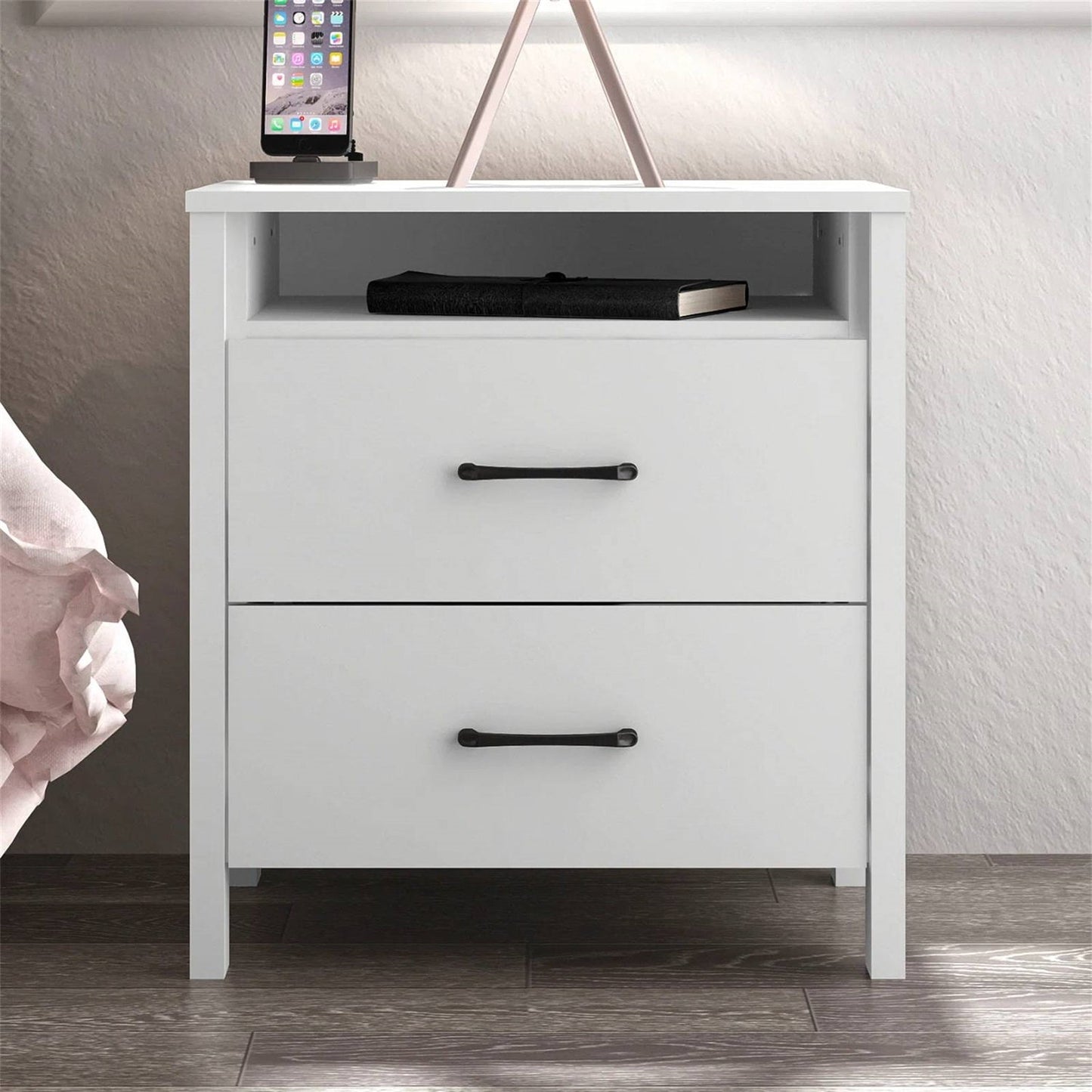 Mesita de noche moderna de 2 cajones con acabado de madera blanca