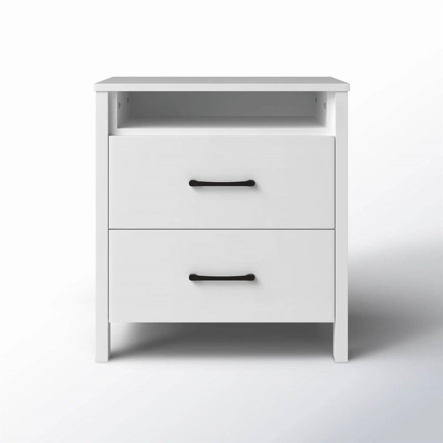 Mesita de noche moderna de 2 cajones con acabado de madera blanca
