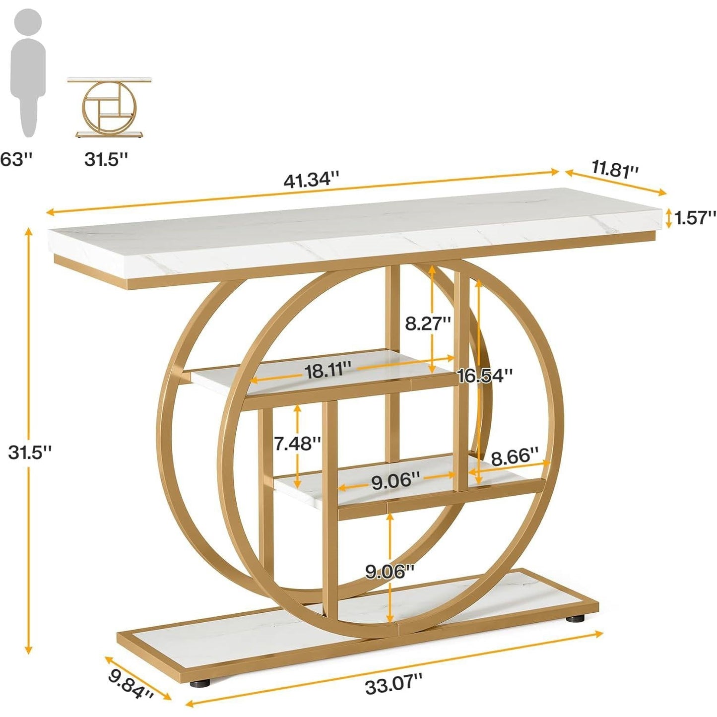 Consola moderna de recibidor con estructura redonda de metal dorado y estantes de imitación mármol blanco