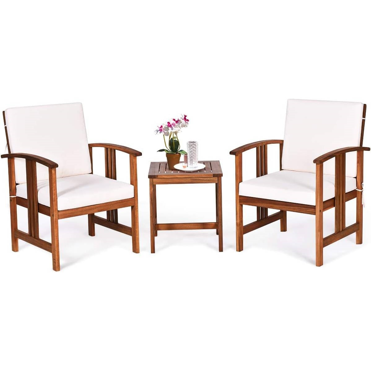 Juego de mesa y sillas de 3 piezas de madera maciza para patio al aire libre con cojines blancos