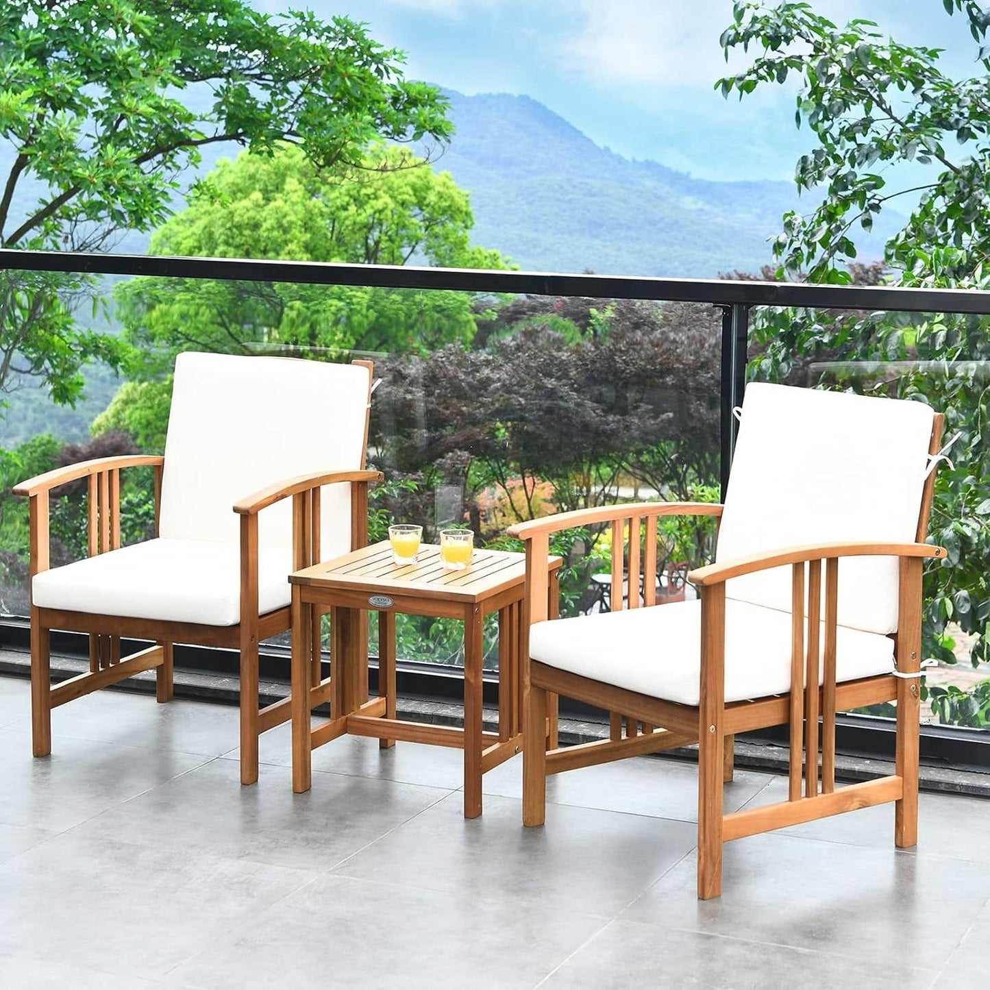 Juego de mesa y sillas de 3 piezas de madera maciza para patio al aire libre con cojines blancos