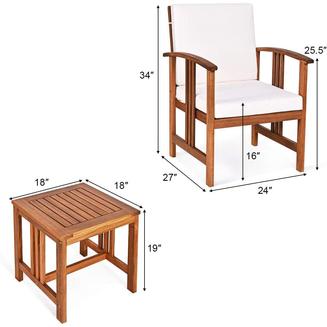 Juego de mesa y sillas de 3 piezas de madera maciza para patio al aire libre con cojines blancos