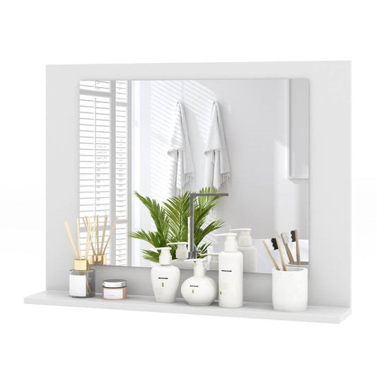 Espejo de pared rectangular para baño con estante de almacenamiento y marco de madera blanco