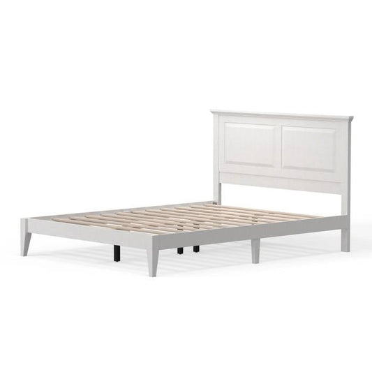 Base de cama tipo plataforma Queen tradicional de madera de roble macizo con cabecero en color blanco