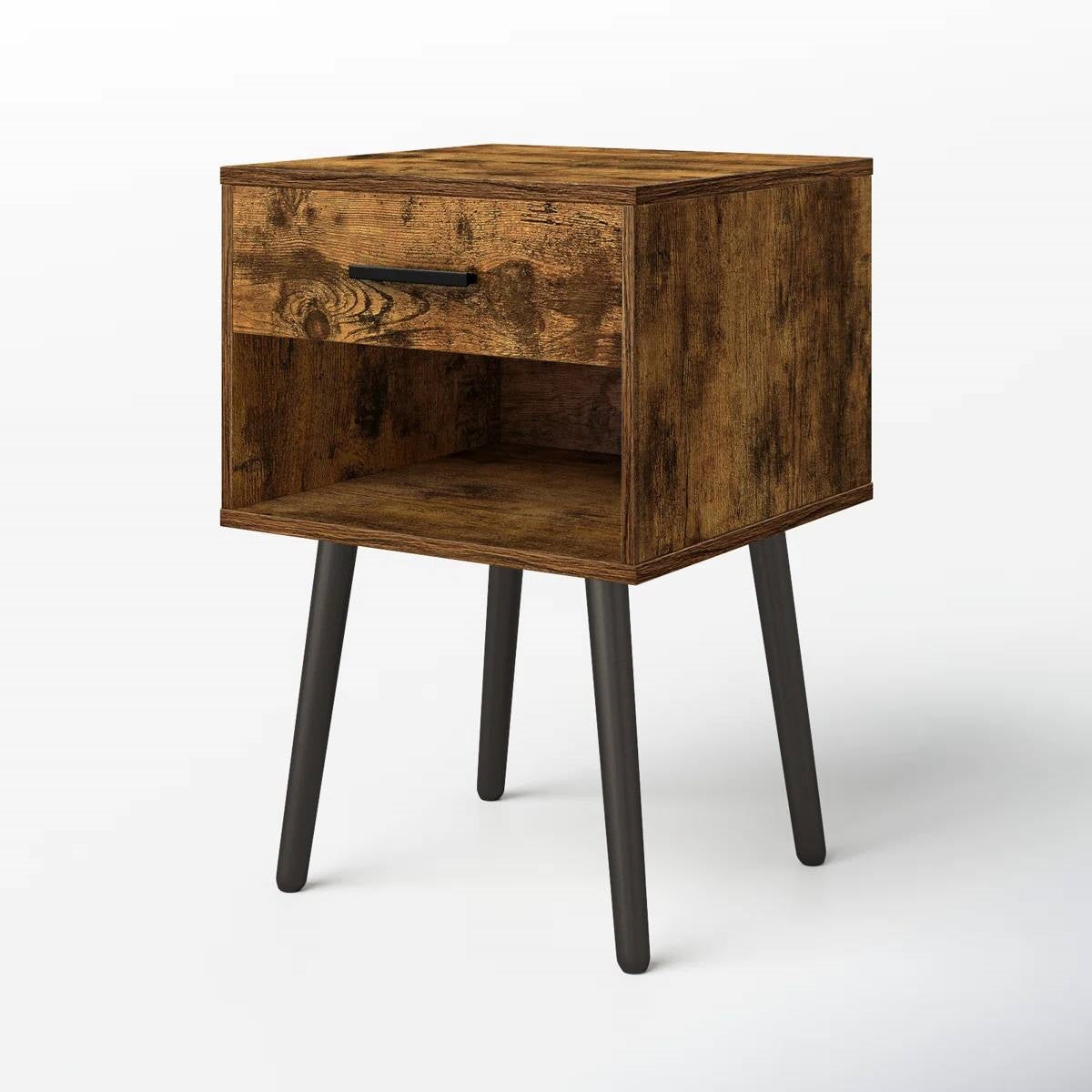 Mesa de Noche de Estilo Rústico Moderno de Mediados de Siglo con 1 Cajón y Estante Abierto