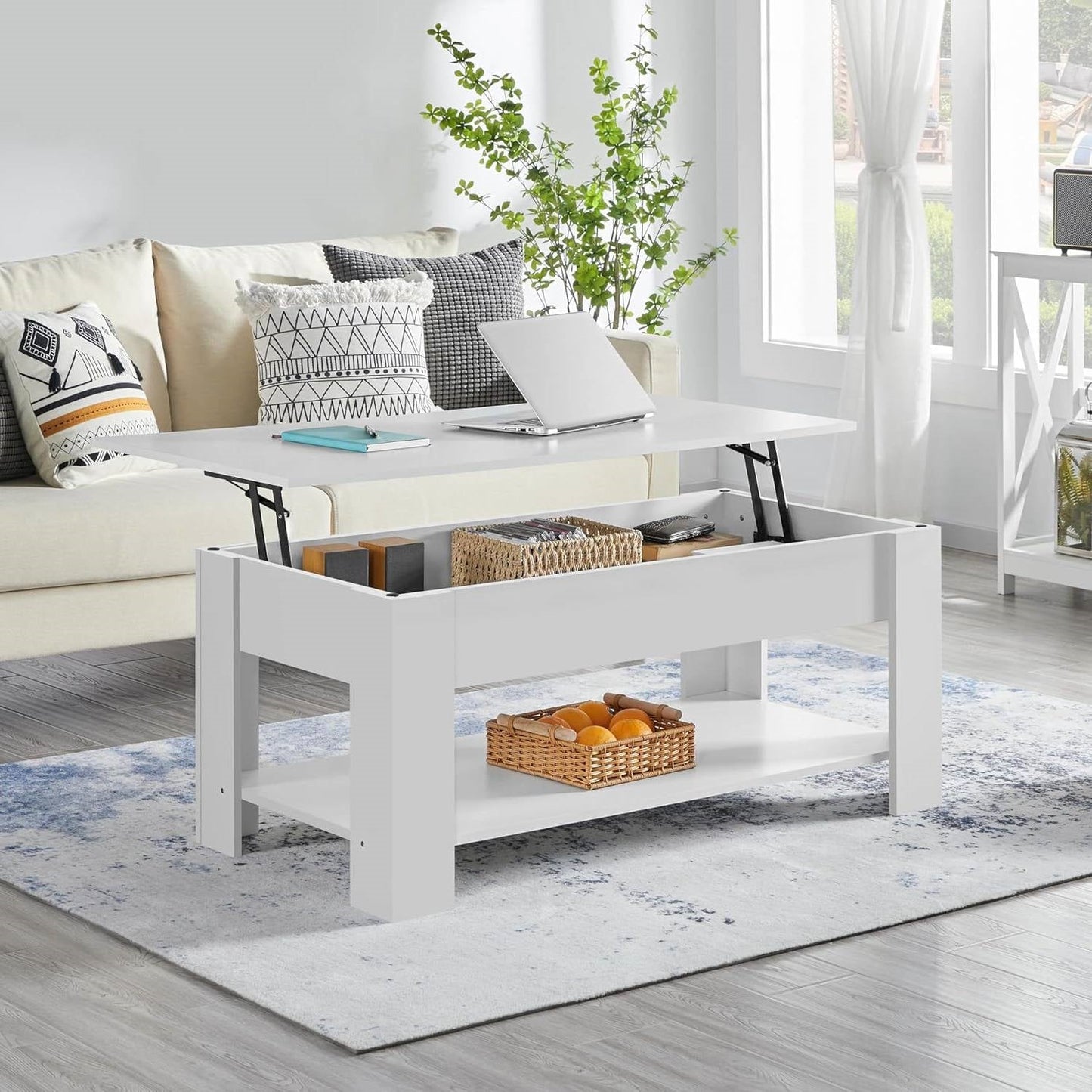 Mesa de centro elevable Escritorio portátil Bandeja para TV en acabado de madera blanca