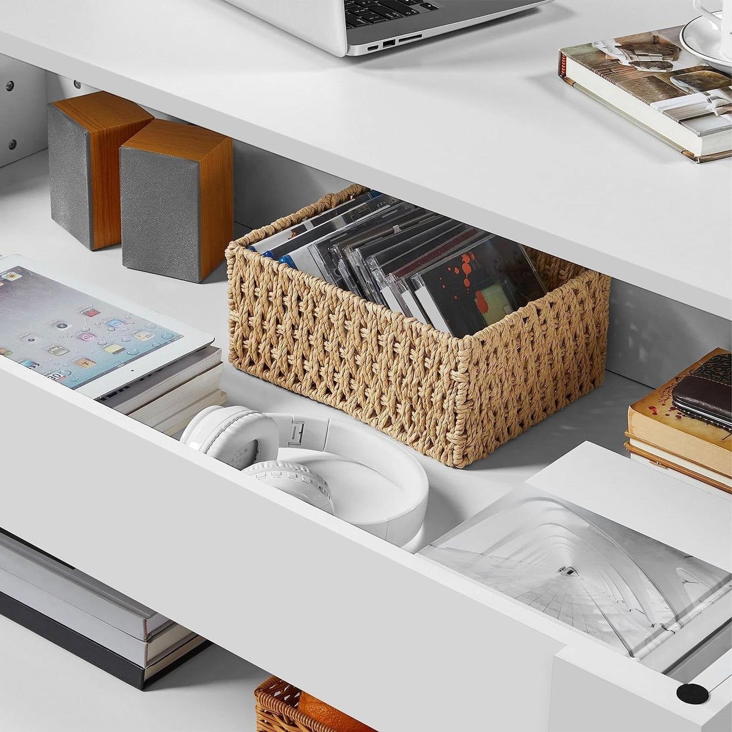 Mesa de centro elevable Escritorio portátil Bandeja para TV en acabado de madera blanca