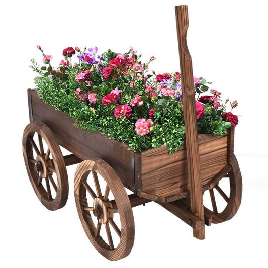 Carro jardinera de madera de abeto en forma de barril con ruedas de madera