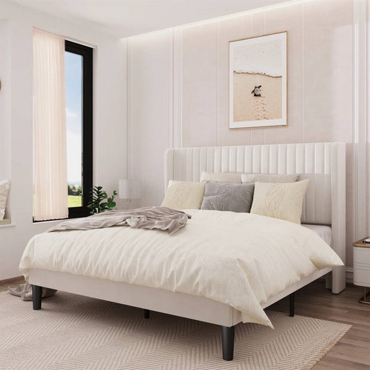 Base de cama tipo plataforma tapizada de terciopelo blanco tamaño Queen con cabecero Wingback