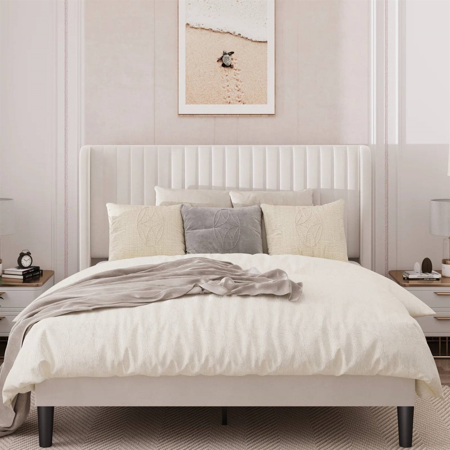 Queen size White Velvet Upholstered Platform Bed Frame with Wingback Headboard