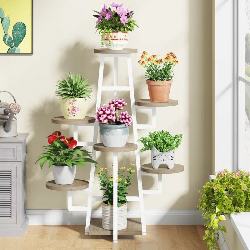 Estantería de plantas de varios niveles industrial moderna para interiores con marco de metal blanco