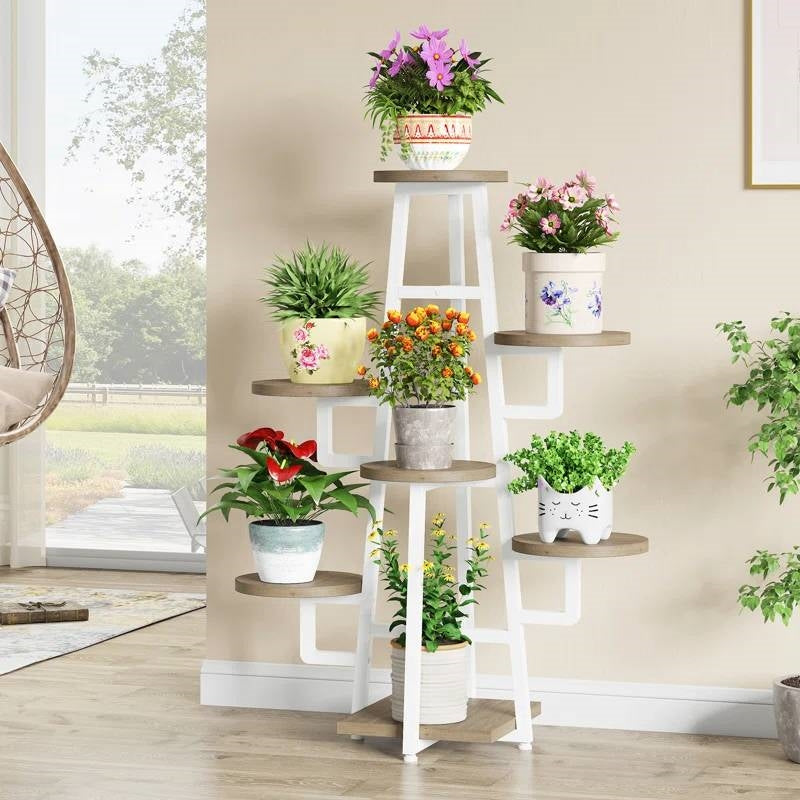 Estantería de plantas de varios niveles industrial moderna para interiores con marco de metal blanco