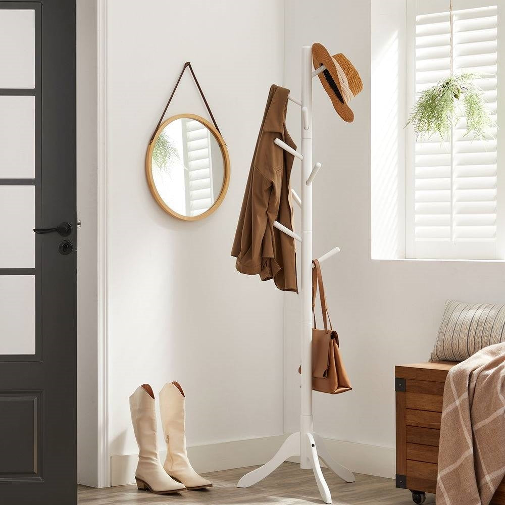 Perchero moderno de madera maciza con acabado blanco y 8 ganchos