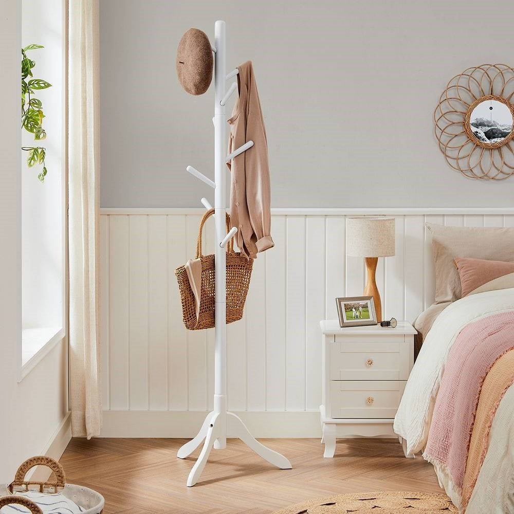 Perchero moderno de madera maciza con acabado blanco y 8 ganchos