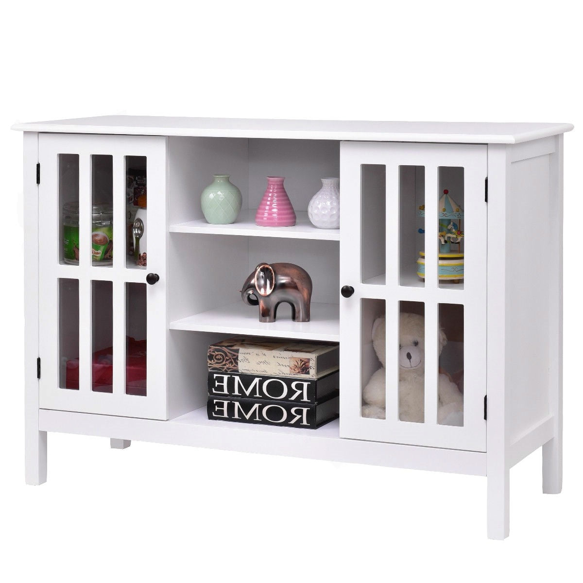 Mesa consola de madera blanca con puertas de panel de cristal templado