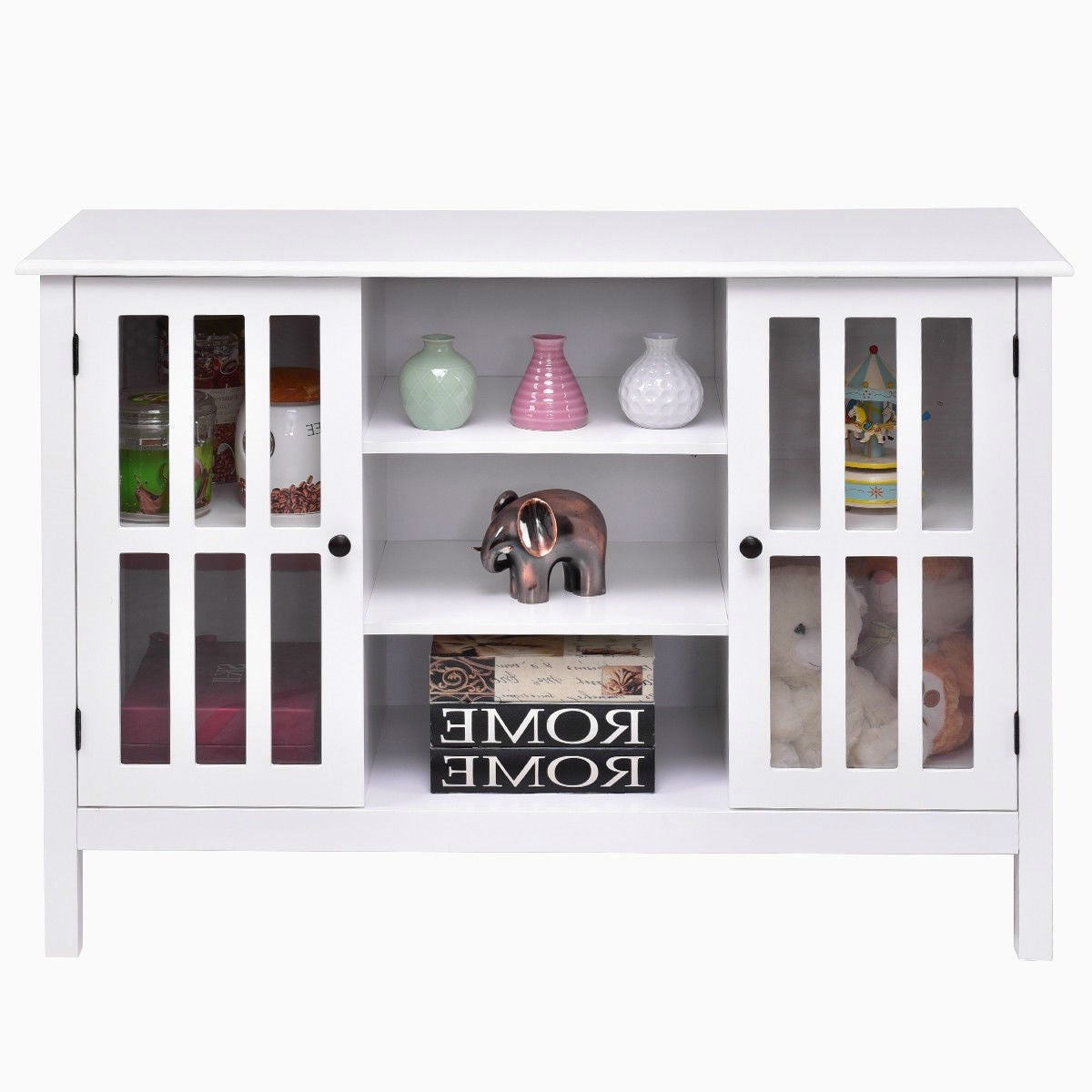Mesa consola de madera blanca con puertas de panel de cristal templado