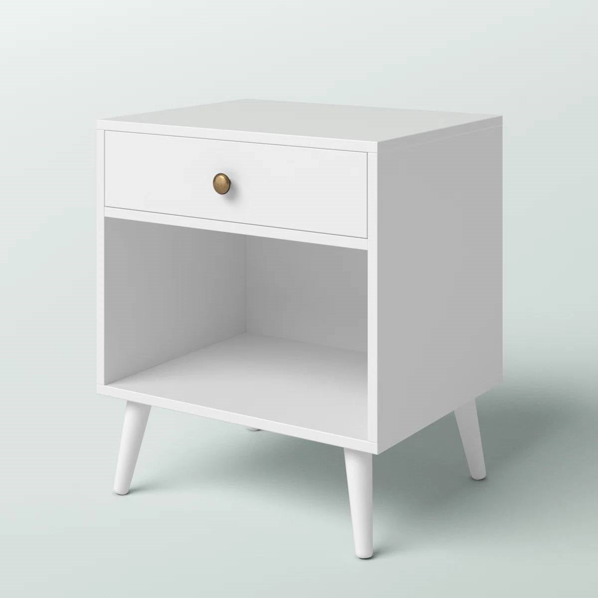 Mesa auxiliar de noche con 1 cajón de estilo moderno de mediados de siglo en acabado de madera blanca