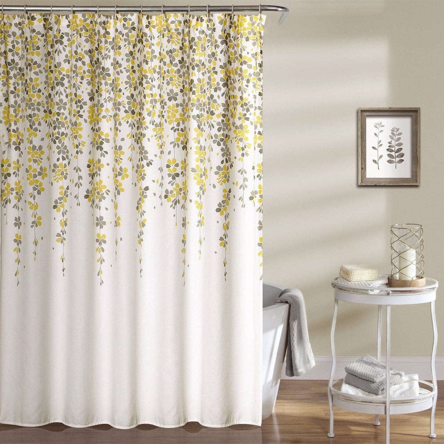 Cortina de Ducha de 72 pulgadas con Enredaderas Florales en Beige Crudo, Crema, Amarillo y Gris