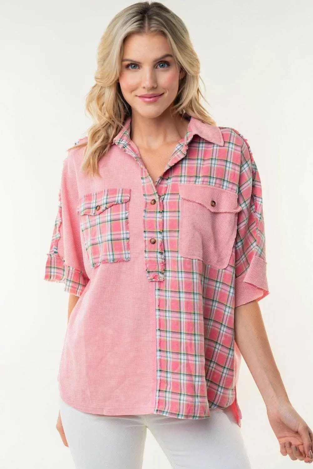 Accessories Trendsi just arrived - White Birch Plaid Color Block Half Button Top