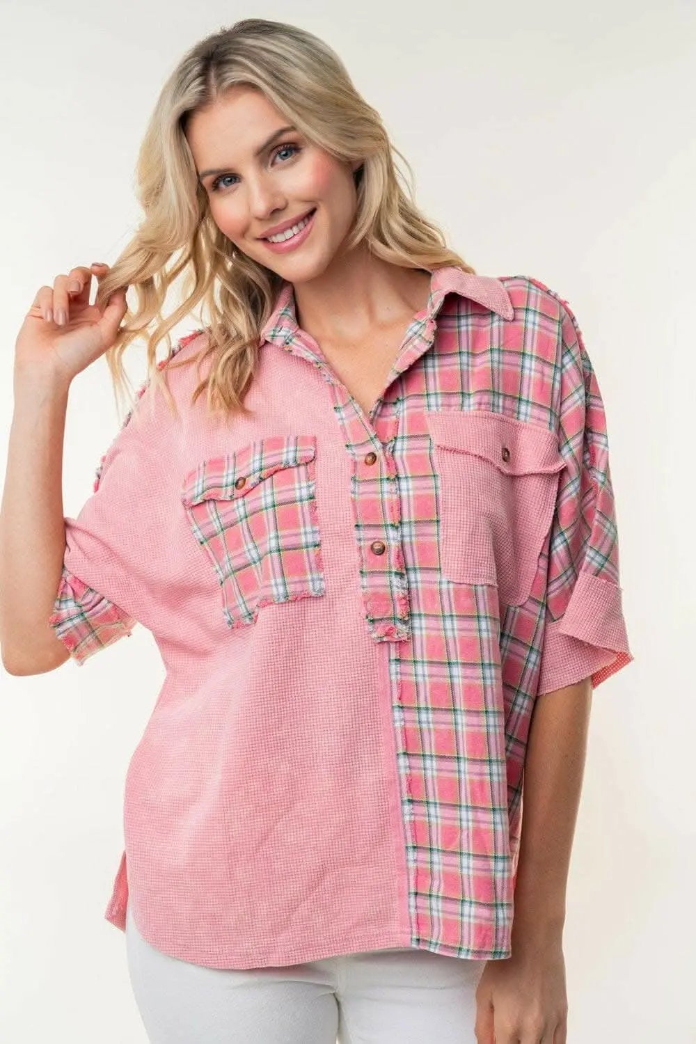 Accessories Trendsi just arrived - White Birch Plaid Color Block Half Button Top