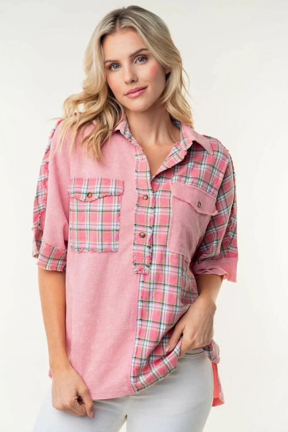 Accessories Trendsi just arrived - White Birch Plaid Color Block Half Button Top
