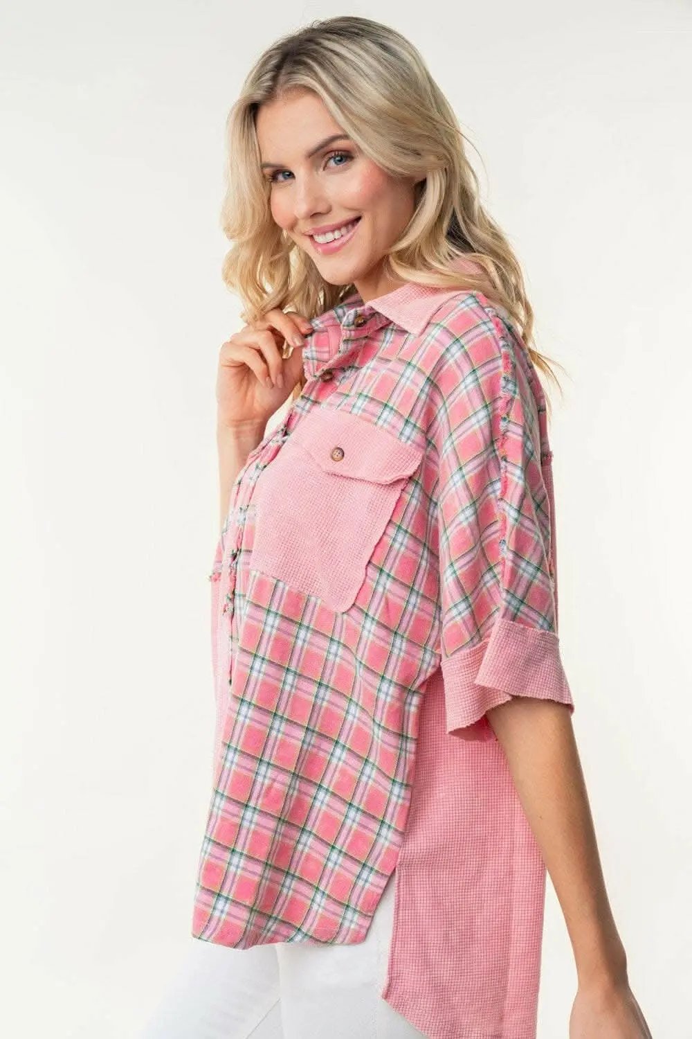 Accessories Trendsi just arrived - White Birch Plaid Color Block Half Button Top