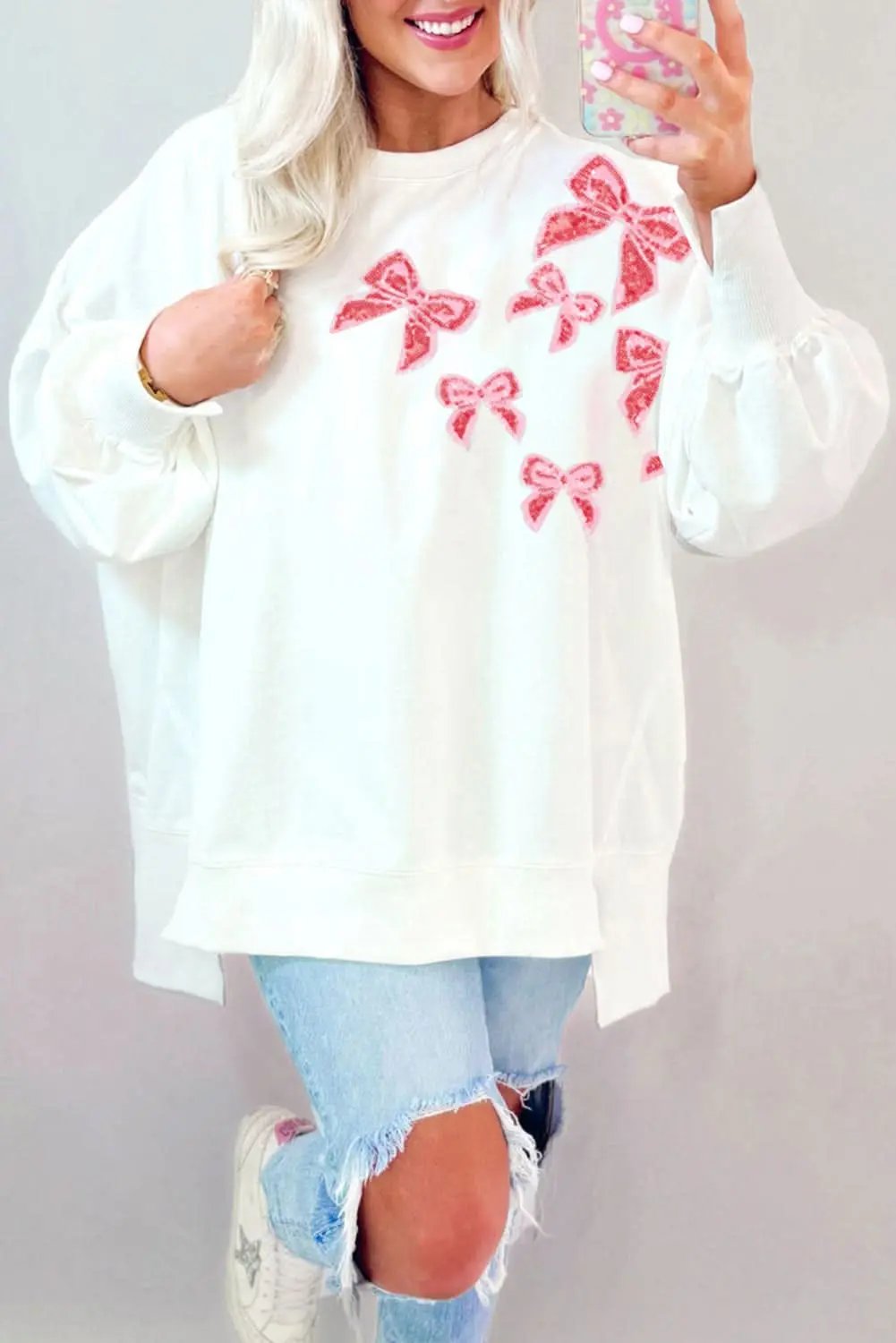 Love Salve Sequin Bow Sweatshirt White Oversized Pullover — Cozy Daily Wear