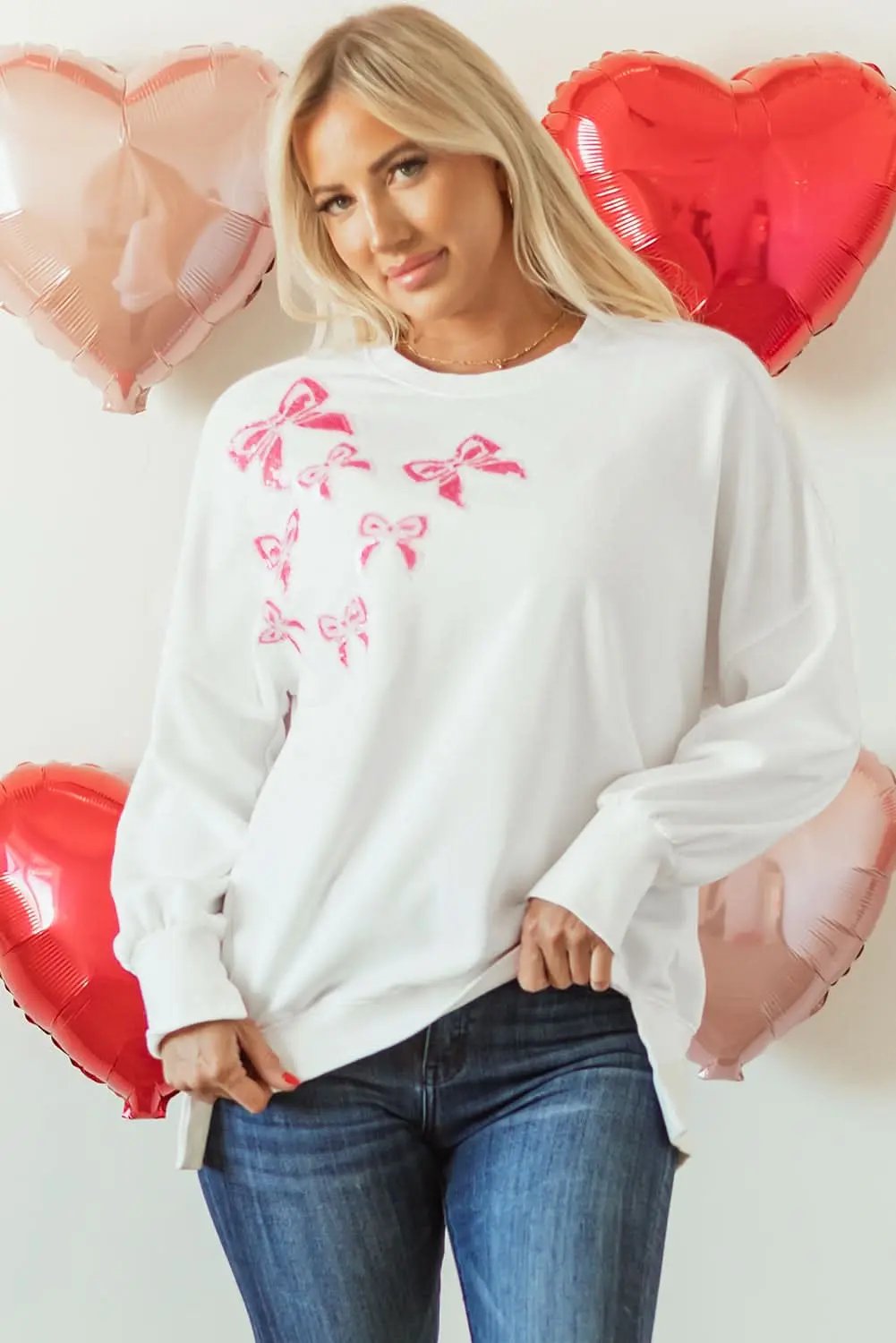 Love Salve Sequin Bow Sweatshirt White Oversized Pullover — Cozy Daily Wear