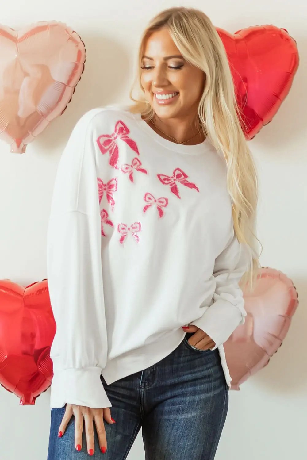 Love Salve Sequin Bow Sweatshirt White Oversized Pullover — Cozy Daily Wear