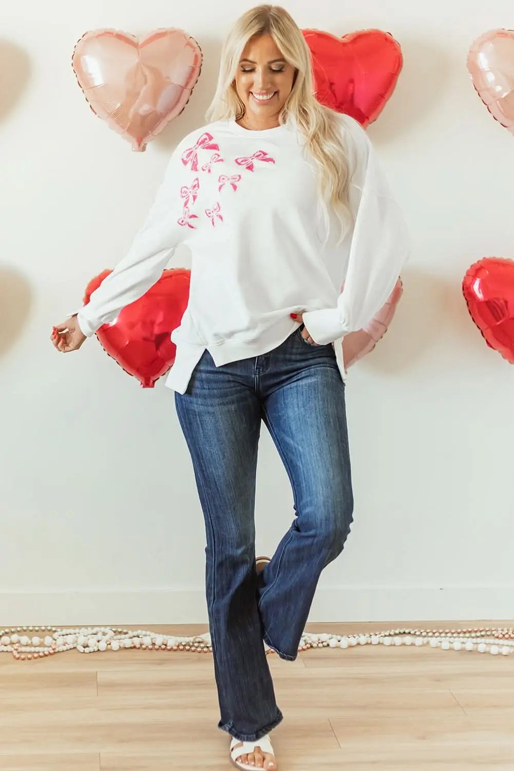Love Salve Sequin Bow Sweatshirt White Oversized Pullover — Cozy Daily Wear