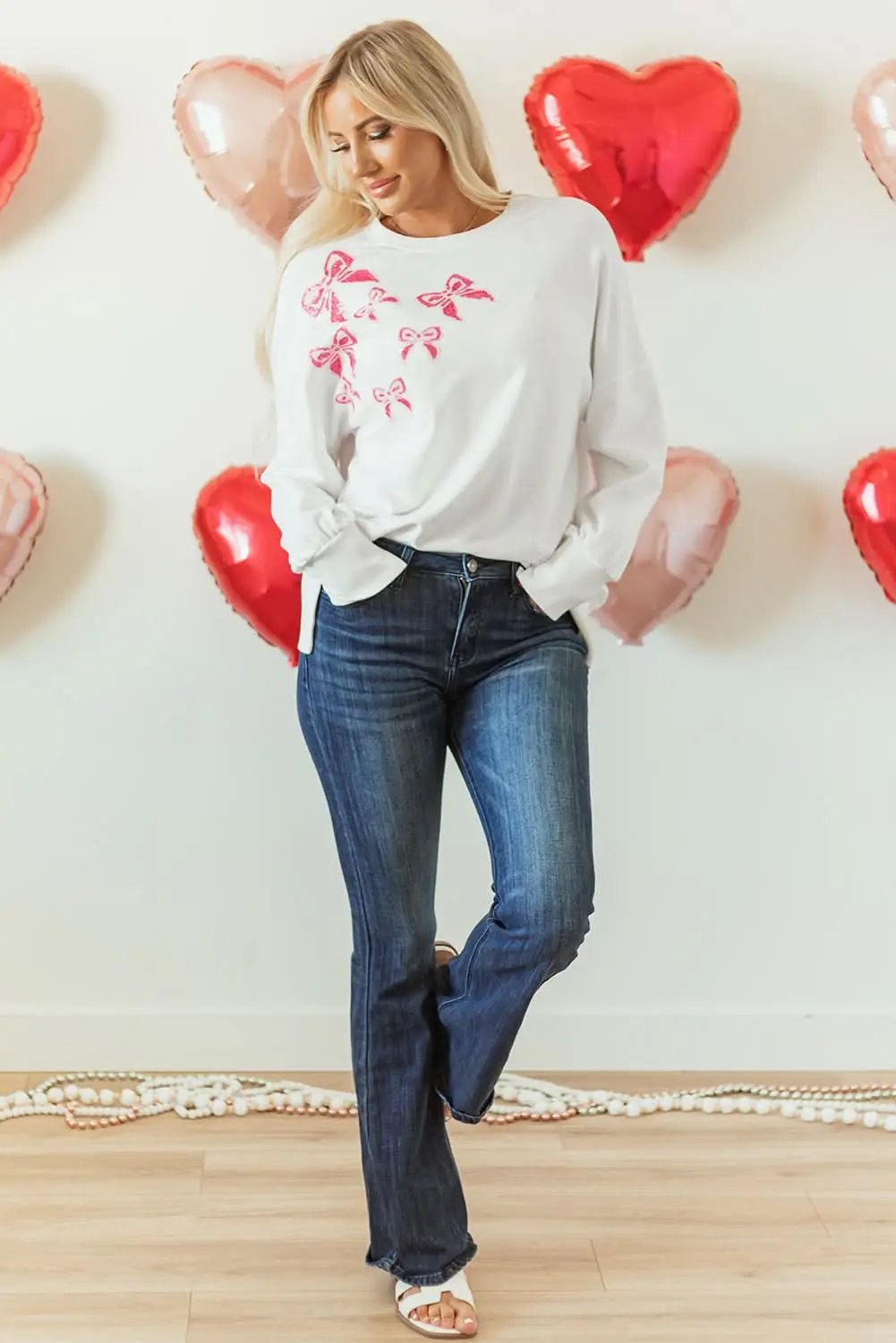 Love Salve Sequin Bow Sweatshirt White Oversized Pullover — Cozy Daily Wear