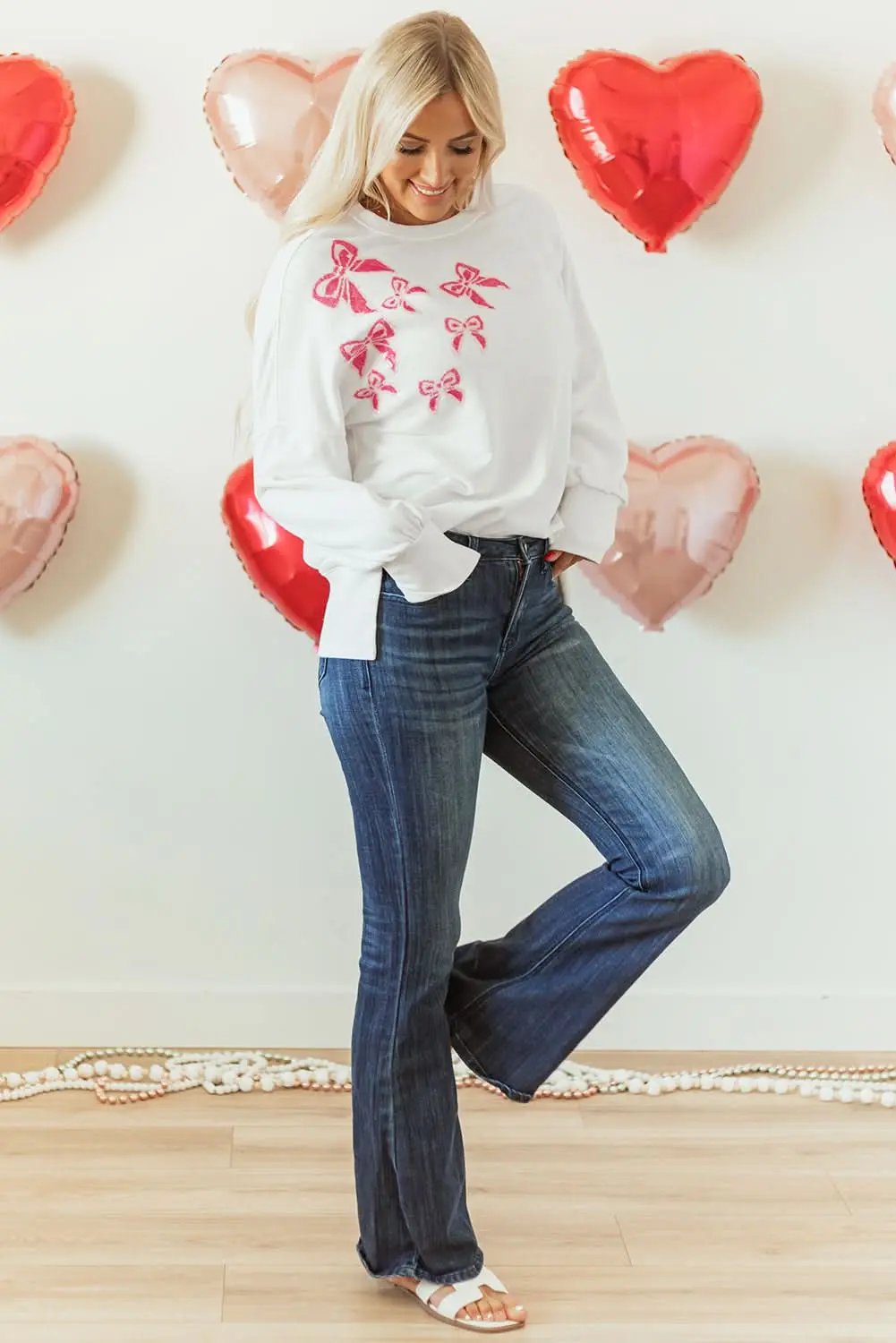 Love Salve Sequin Bow Sweatshirt White Oversized Pullover — Cozy Daily Wear