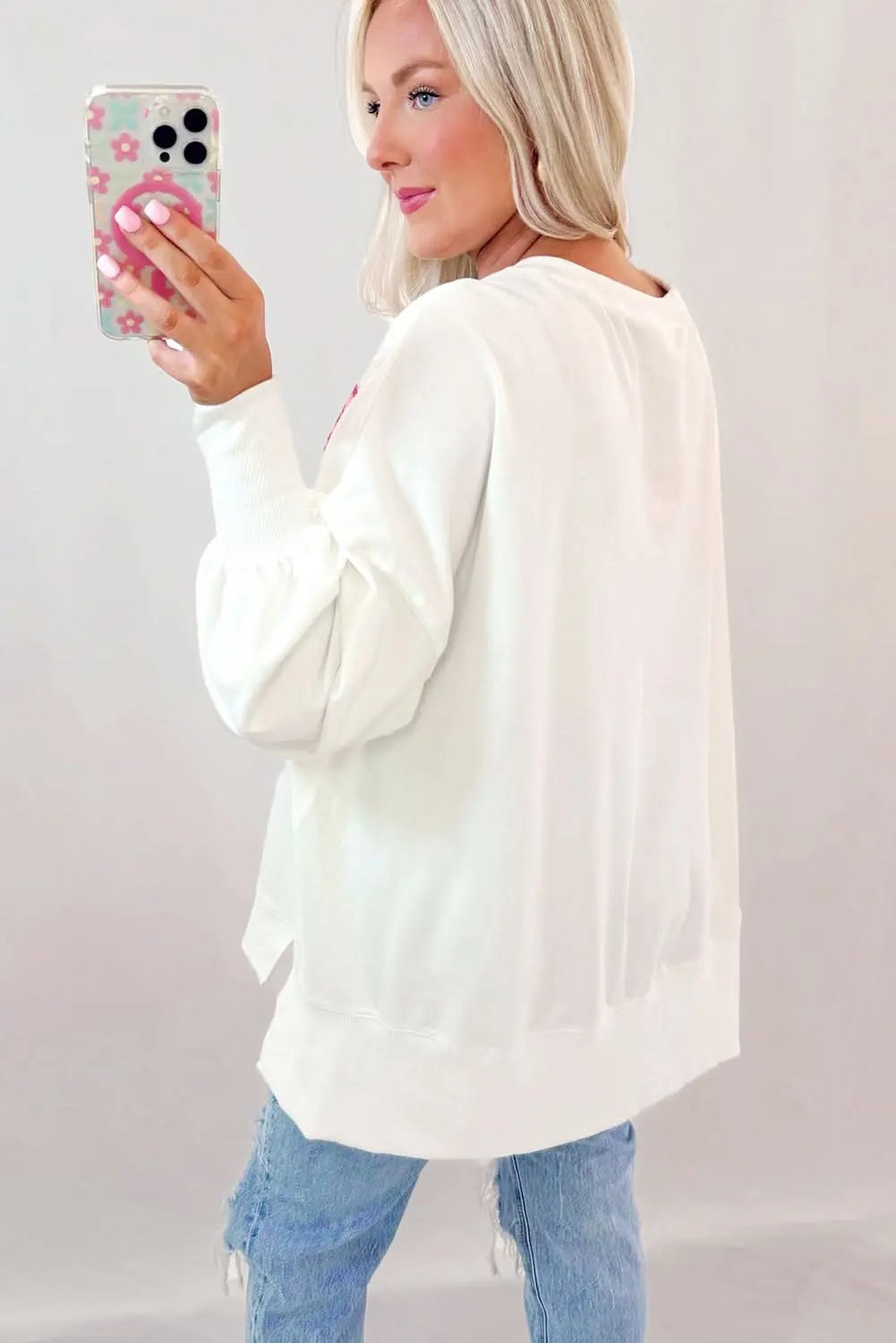 Love Salve Sequin Bow Sweatshirt White Oversized Pullover — Cozy Daily Wear