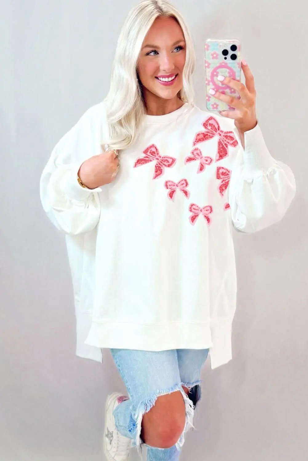 Love Salve Sequin Bow Sweatshirt White Oversized Pullover — Cozy Daily Wear