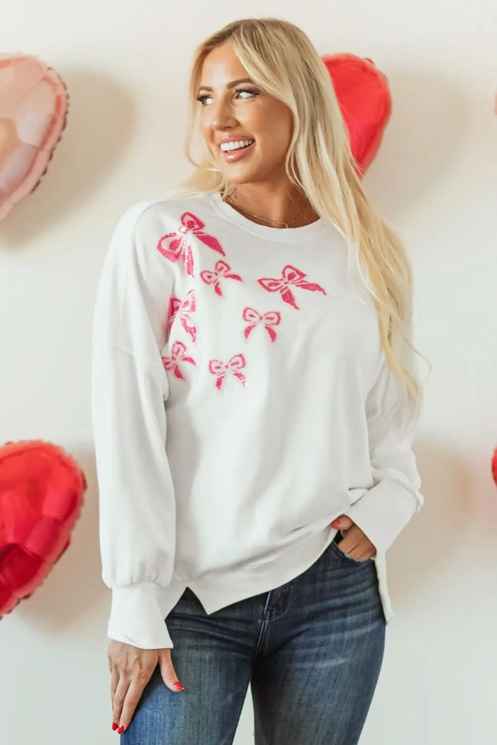 Love Salve Sequin Bow Sweatshirt White Oversized Pullover — Cozy Daily Wear