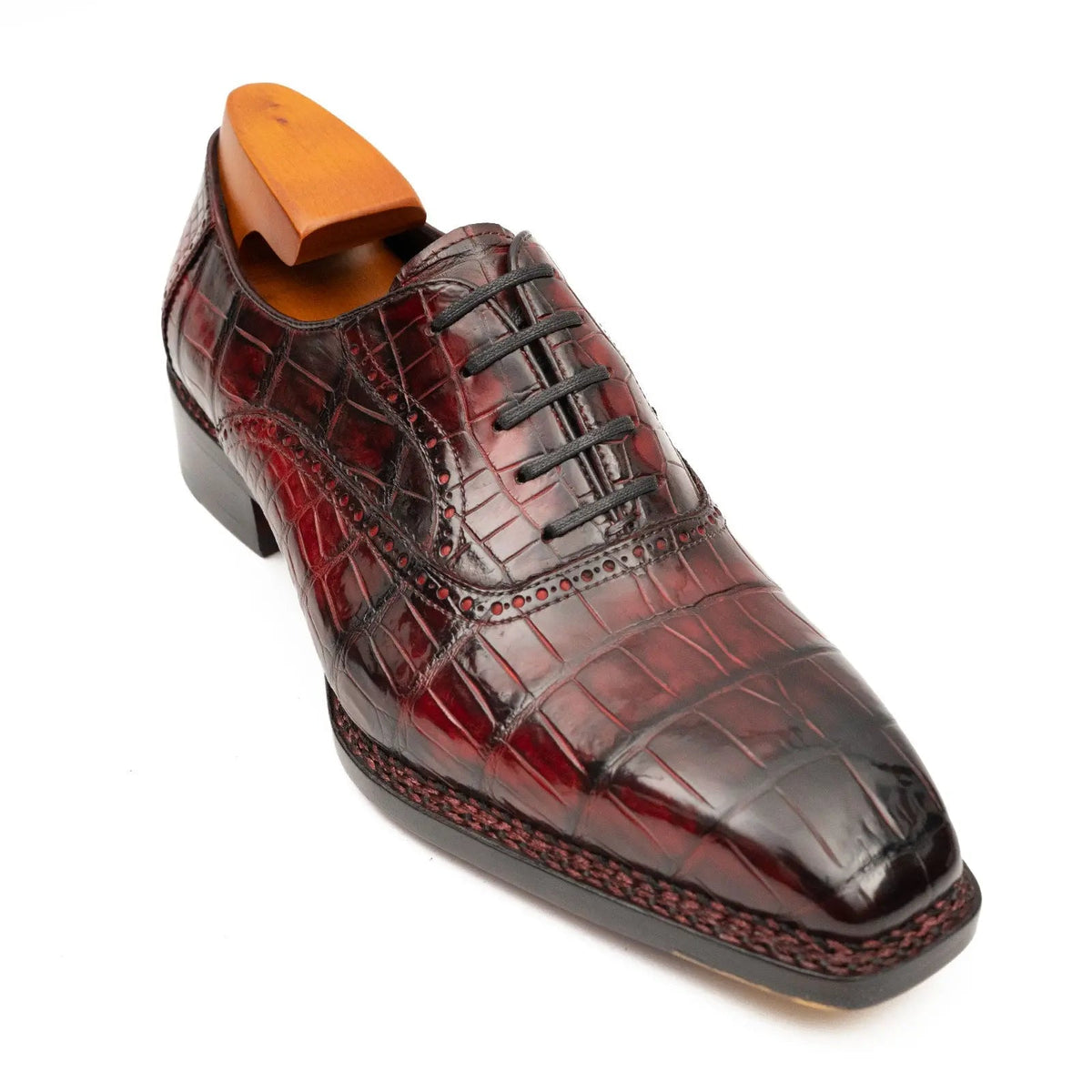 Wine Red Square-Toe Crocodile Leather Oxford Shoes