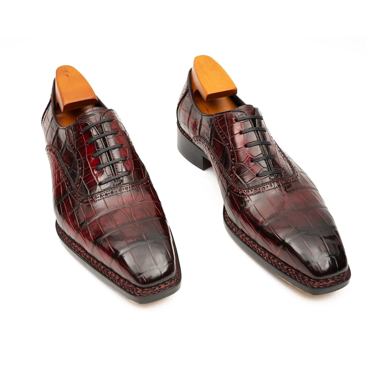 Wine Red Square-Toe Crocodile Leather Oxford Shoes