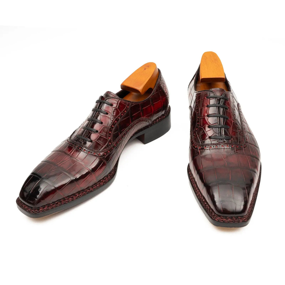 Wine Red Square-Toe Crocodile Leather Oxford Shoes