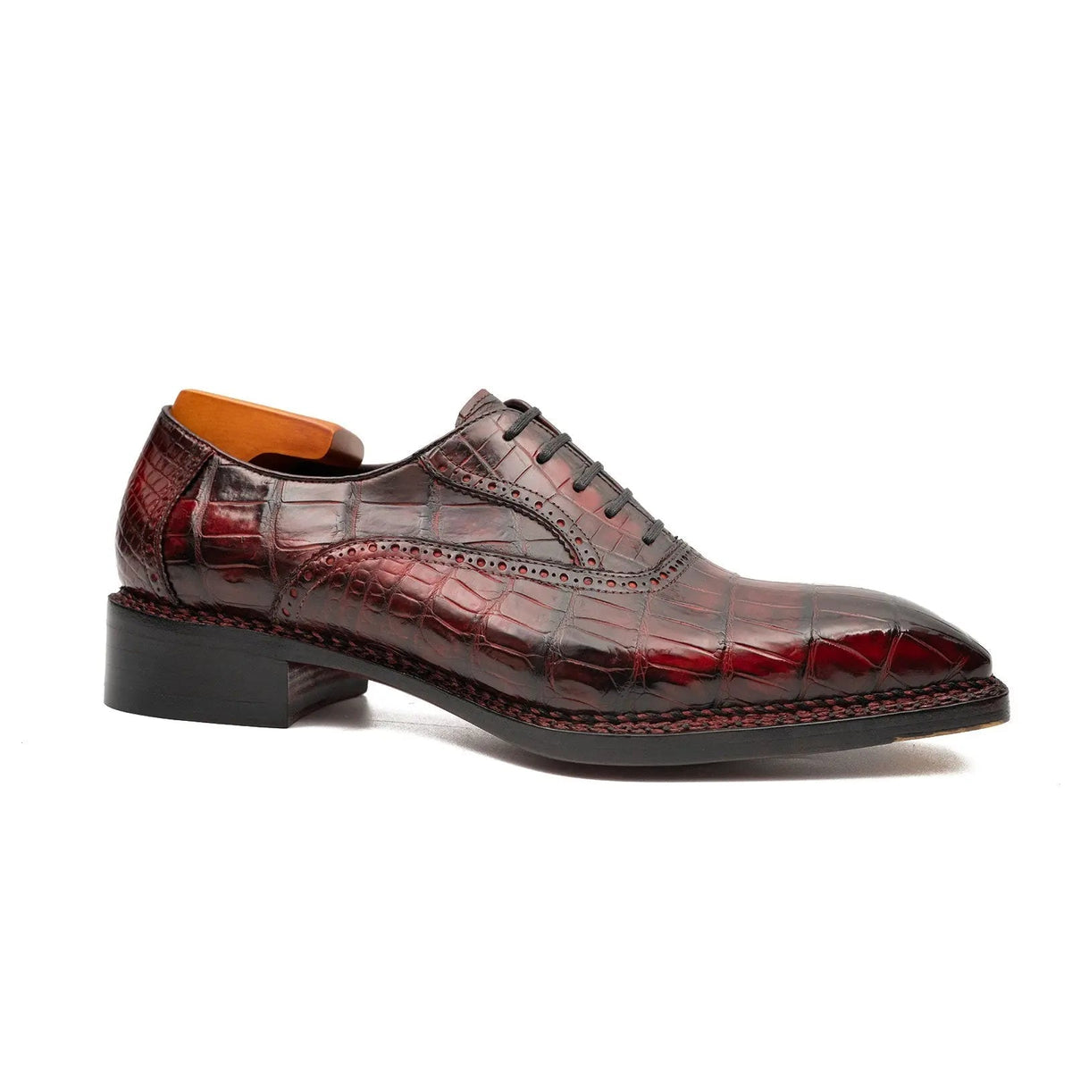 Wine Red Square-Toe Crocodile Leather Oxford Shoes