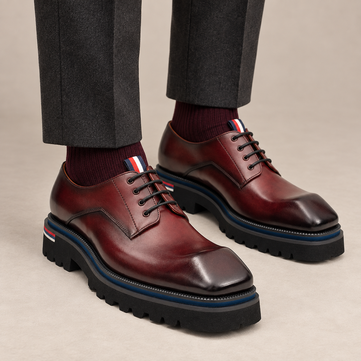 Wine Red Square-Toe Cow Leather Derby Shoes