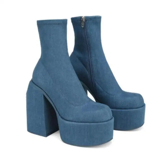 Winter Boots Lady Boots-Women Shoes Zipper Luxury Designer Rubber High Heel Ankle Fashion Rome Solid PU Basic Square Toe