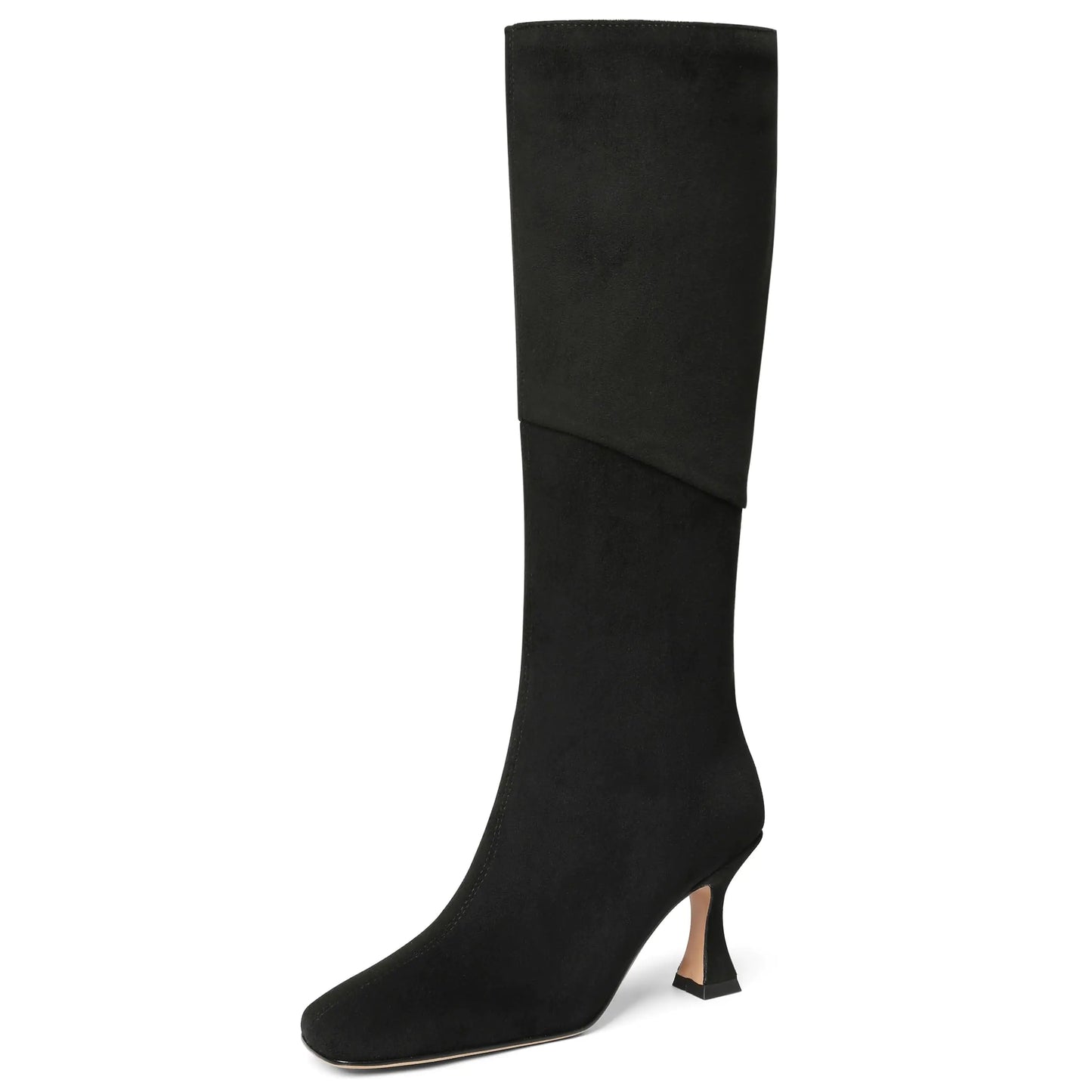 CYNLLIO Knee High Boots for Women Squared Toe Stiletto Tall Black Heel Boots Long Suede Boots Wide Calf Warm Winter Boots
