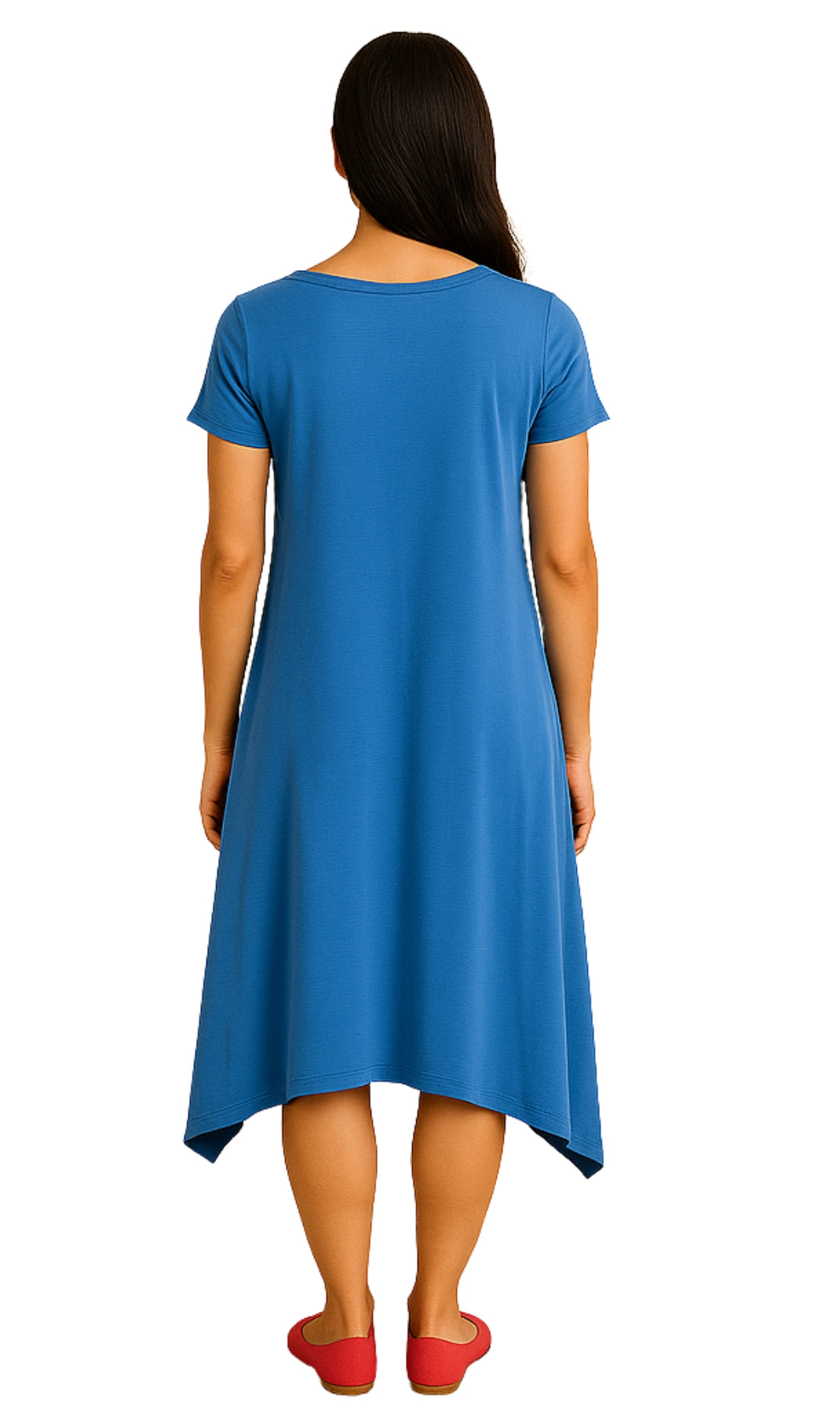Vestido de punto de manga corta con escote ancho y dobladillo asimétrico en línea A para mujer