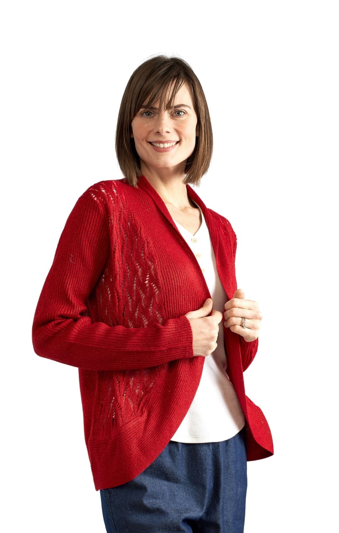 Bolero de punto brillante de acrílico suave para mujer con frente abierto