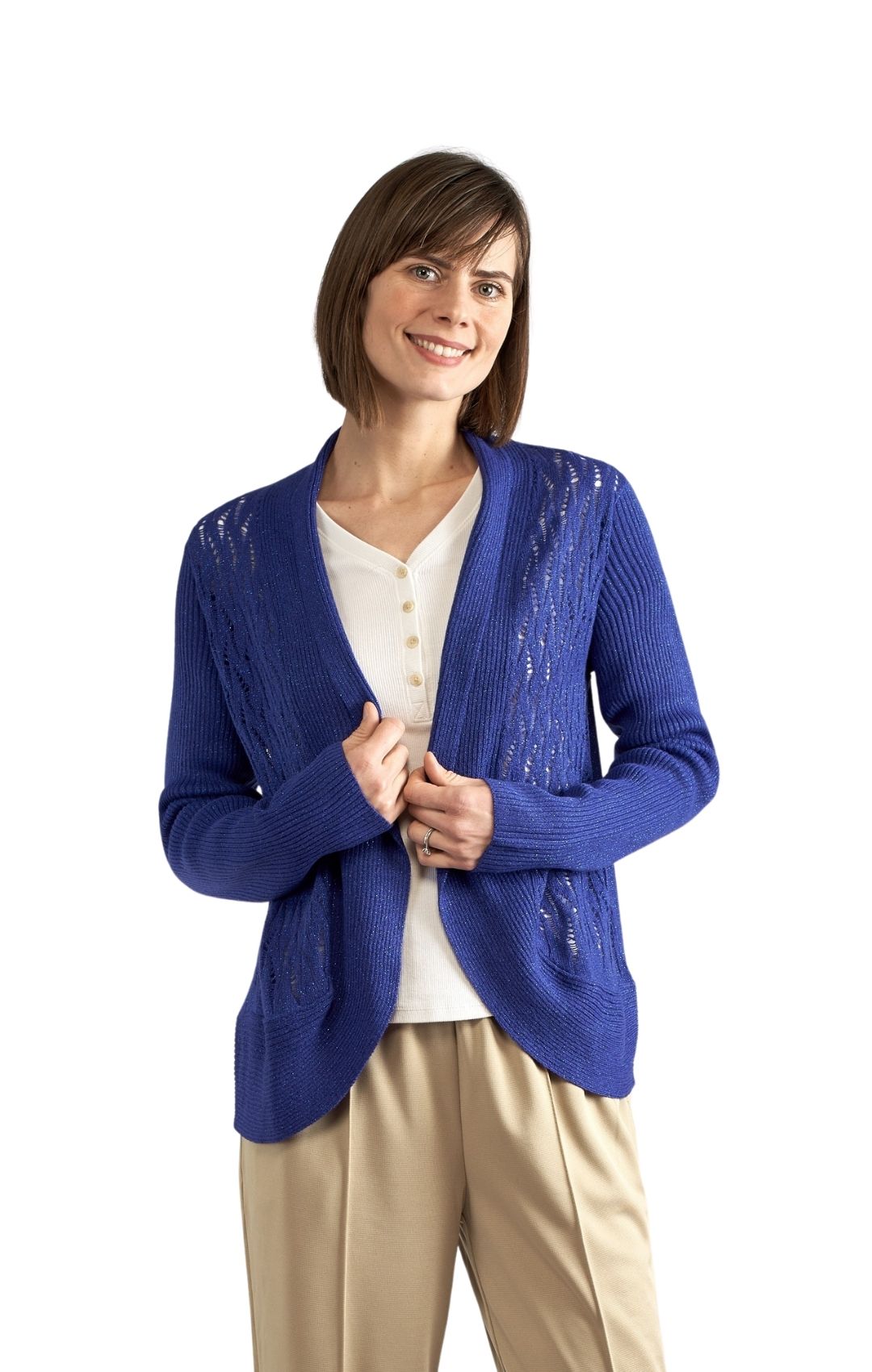 Bolero de punto brillante de acrílico suave para mujer con frente abierto