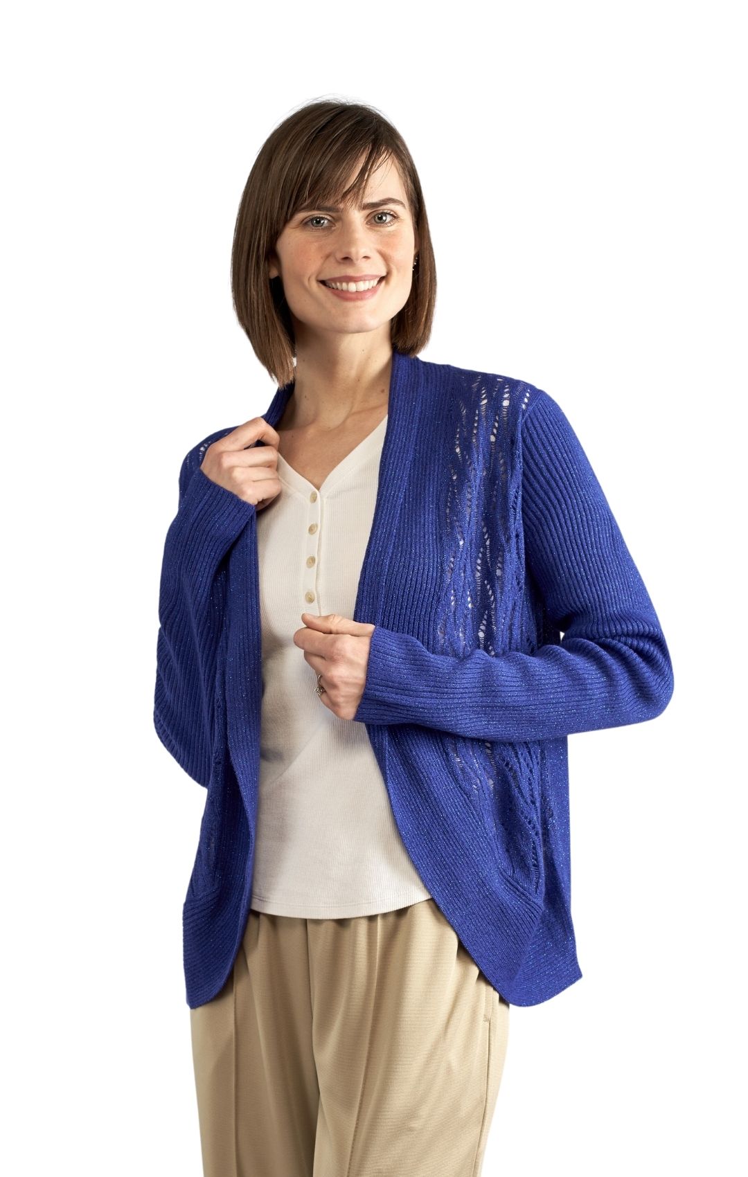 Bolero de punto brillante de acrílico suave para mujer con frente abierto